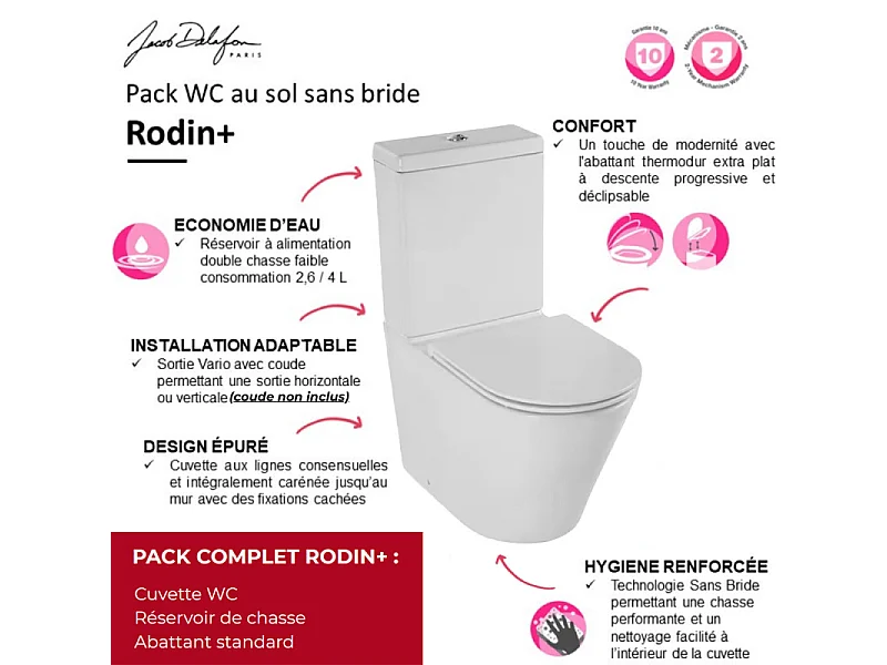 WC à poser sans bride sortie universelle JACOB DELAFON Rodin+ avec abattant frein de chute