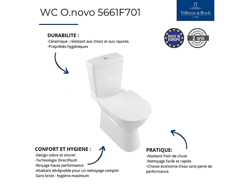 WC à poser sans bride VILLEROY ET BOCH O.novo avec abattant + nettoyant
