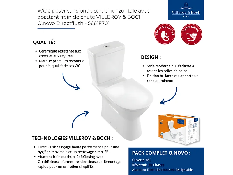 WC à poser sans bride VILLEROY ET BOCH O.novo avec abattant + nettoyant