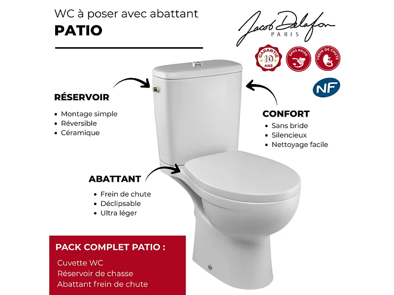 WC à poser sans bride sortie horizontale JACOB DELAFON Patio avec abattant frein de chute déclipsable