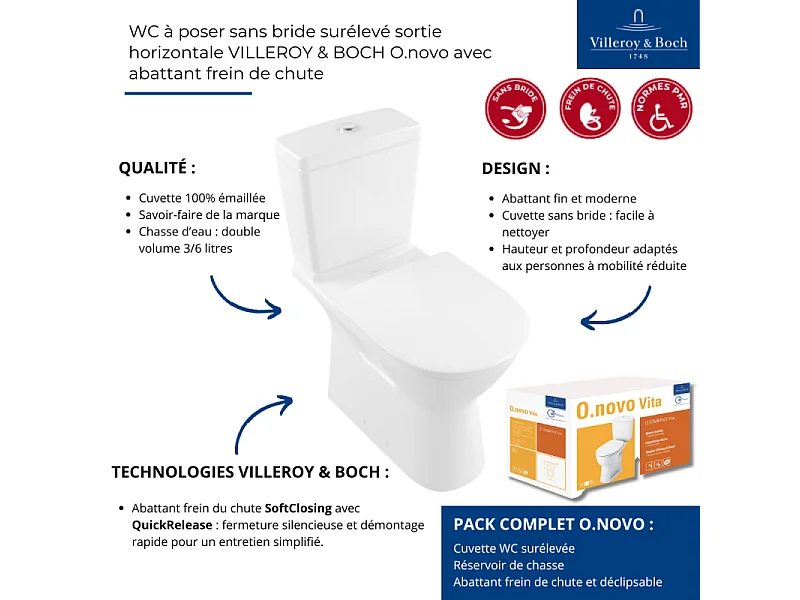 WC à poser sans bride surélevé sortie horizontale VILLEROY & BOCH O.novo avec abattant frein de chute + Nettoyant