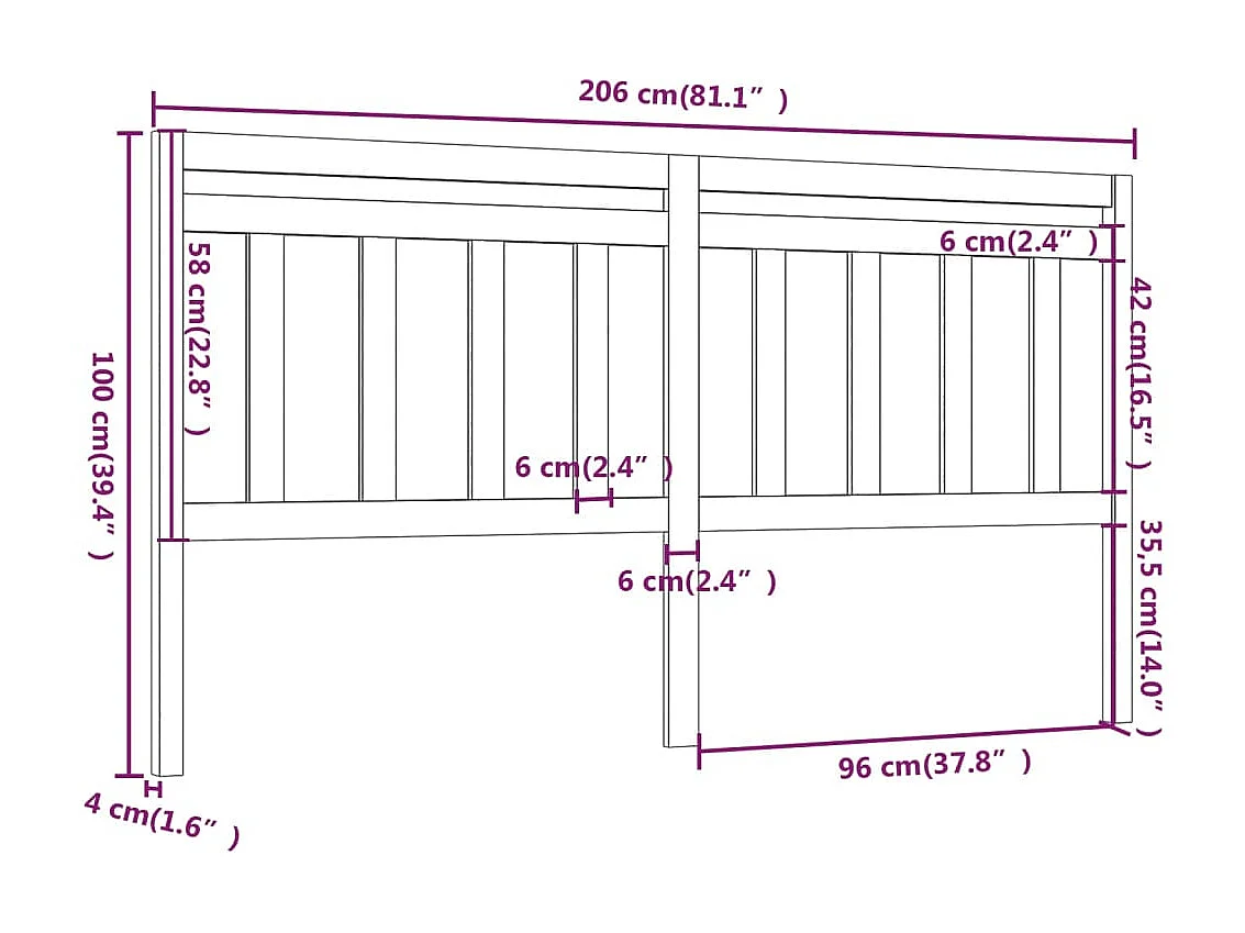 Cabecero 206x4x100 cm Madera maciza de pino