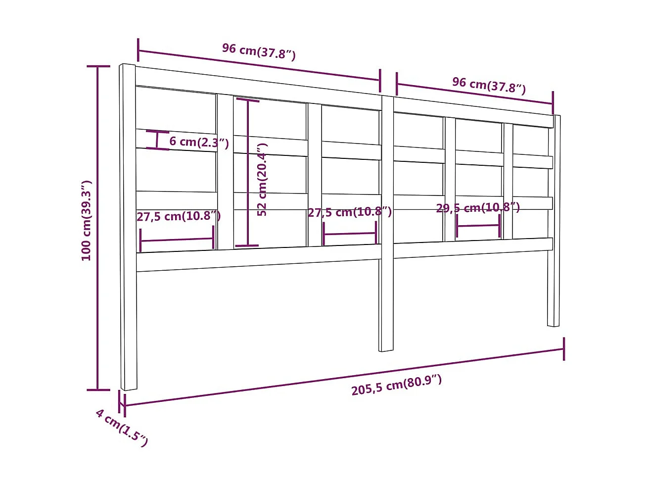 Tête de lit Gris 205,5x4x100 cm Bois massif de pin