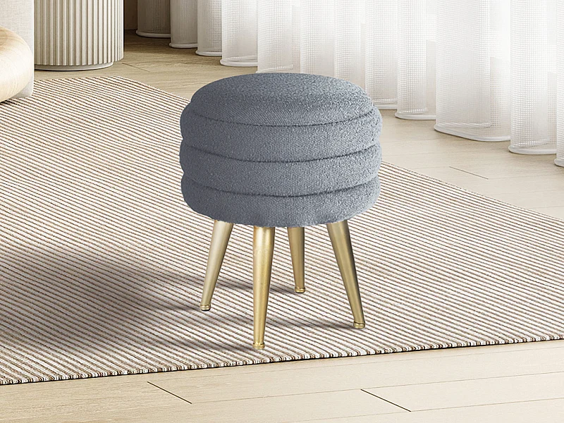 Taburete bajo con arcón de tela rizada y metal dorado - Gris - ESDALO
