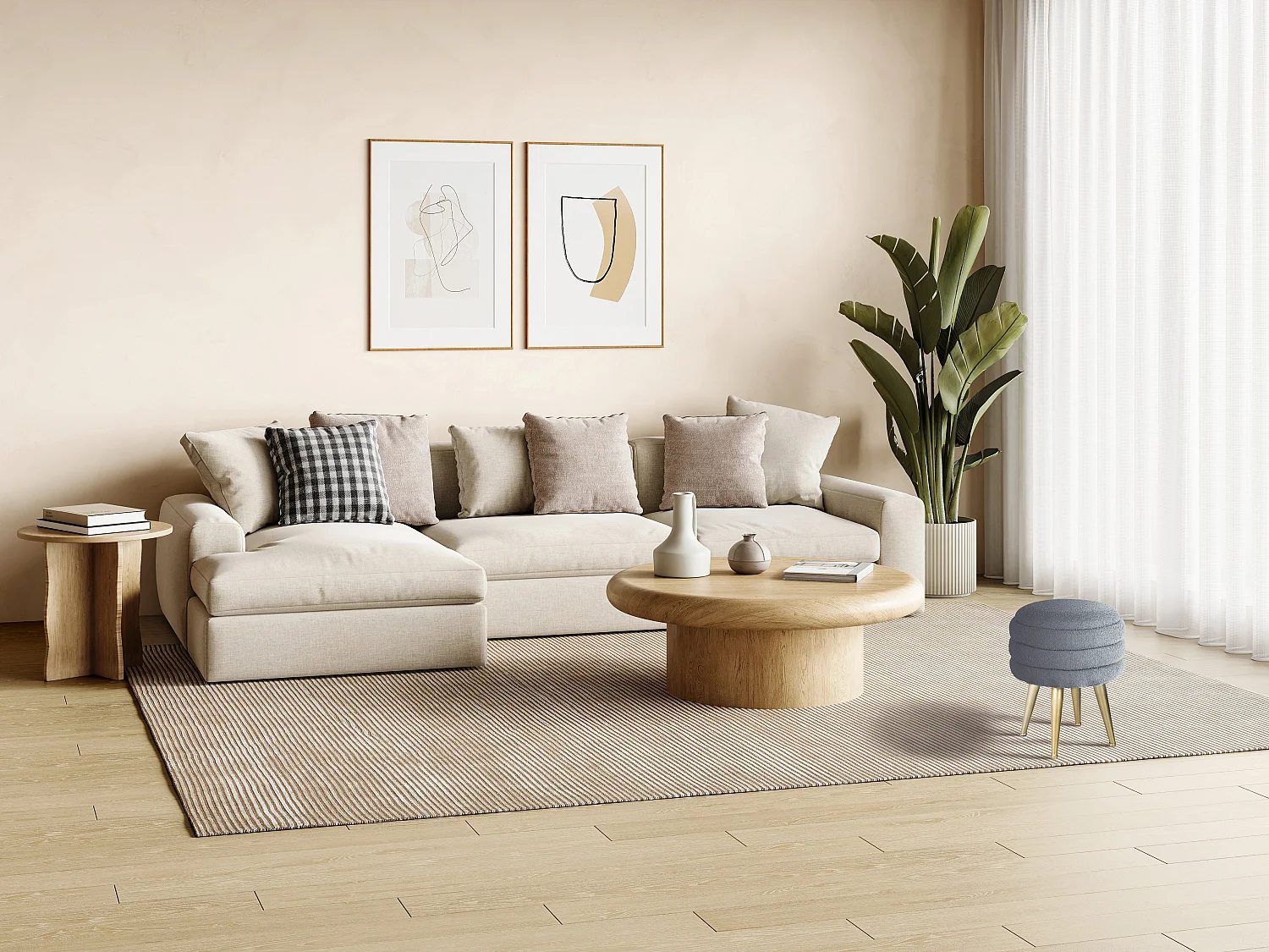 Sgabello basso contenitore portaoggetti in Tessuto bouclette e Metallo Dorato Grigio  - ESDALO