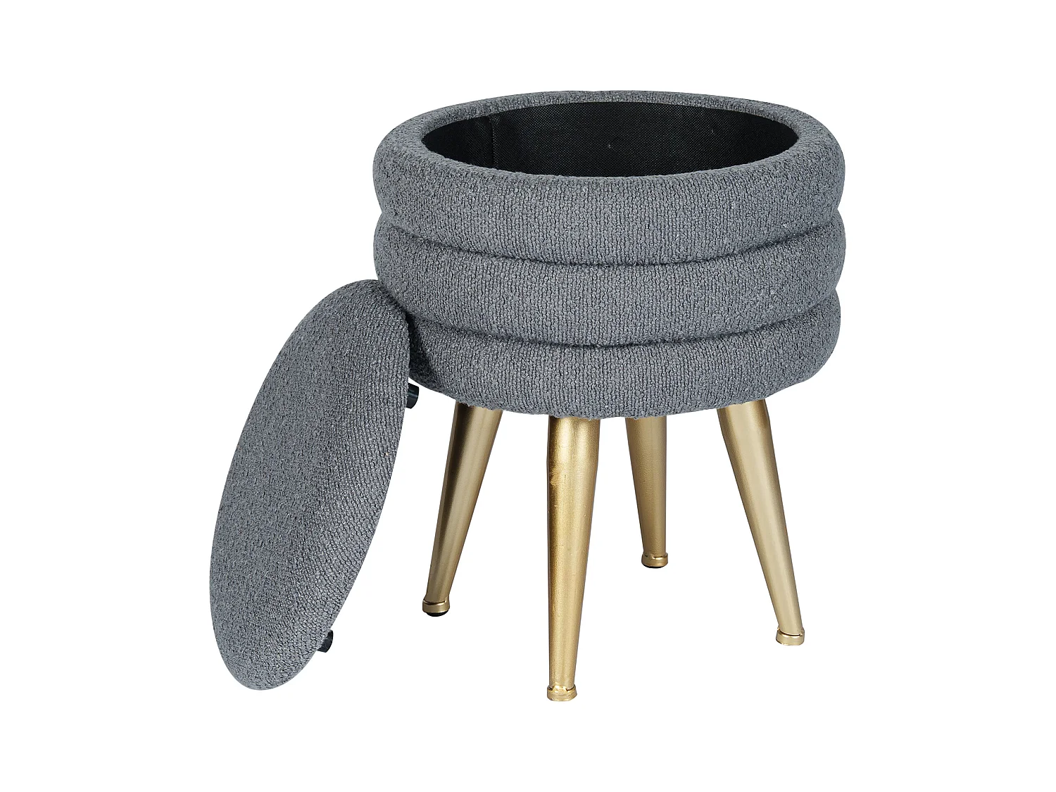 Taburete bajo con arcón de tela rizada y metal dorado - Gris - ESDALO