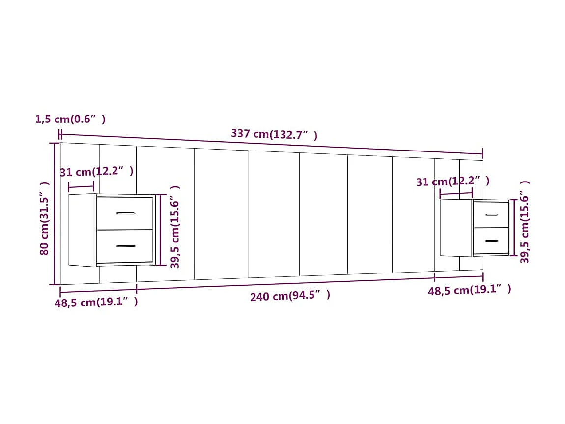 Kopfteil mit Schränken, geräucherte Eiche, Holzwerkstoff