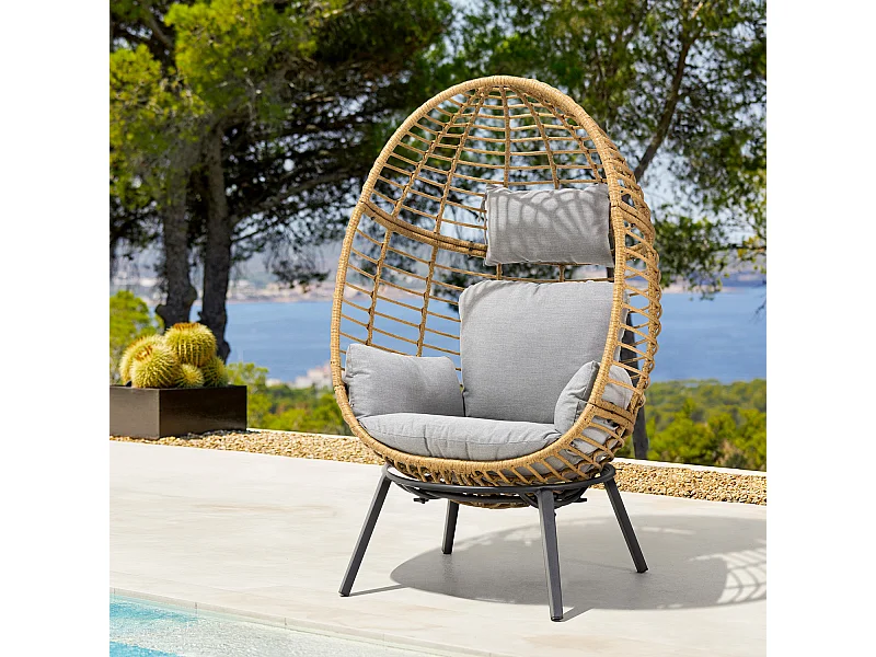 Fauteuil oeuf inclinable en résine tressée - Gris naturel - YOGI - YOGI