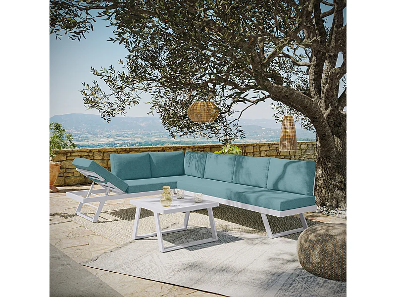 Salon de jardin fonctionnel modulable en aluminium design - blanc vert - HELIOS