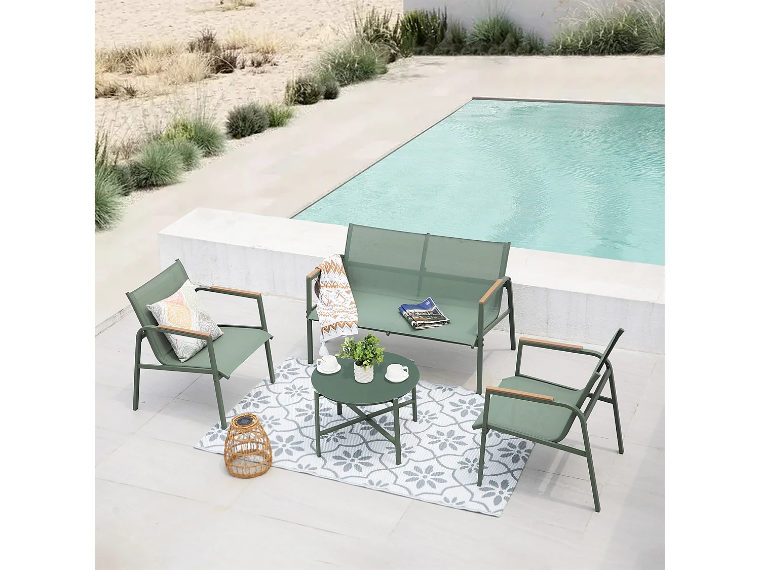 Salon de jardin en acier et textilène - Ensemble 4 places - Vert - CAMILLE