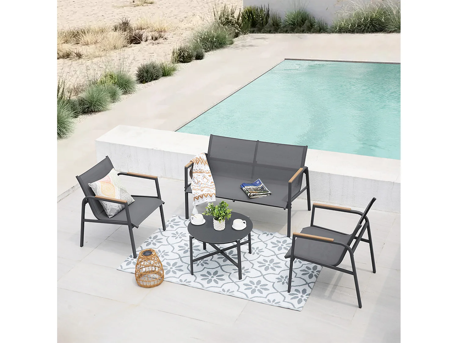 Salon de jardin en acier et textilène - Ensemble 4 places - Gris - CAMILLE