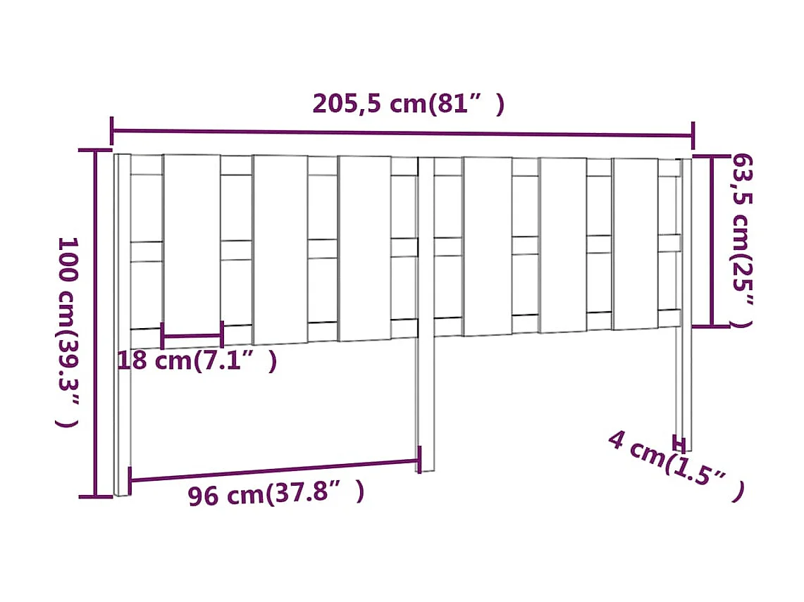 Tête de lit Noir 205,5x4x100 cm Bois massif de pin
