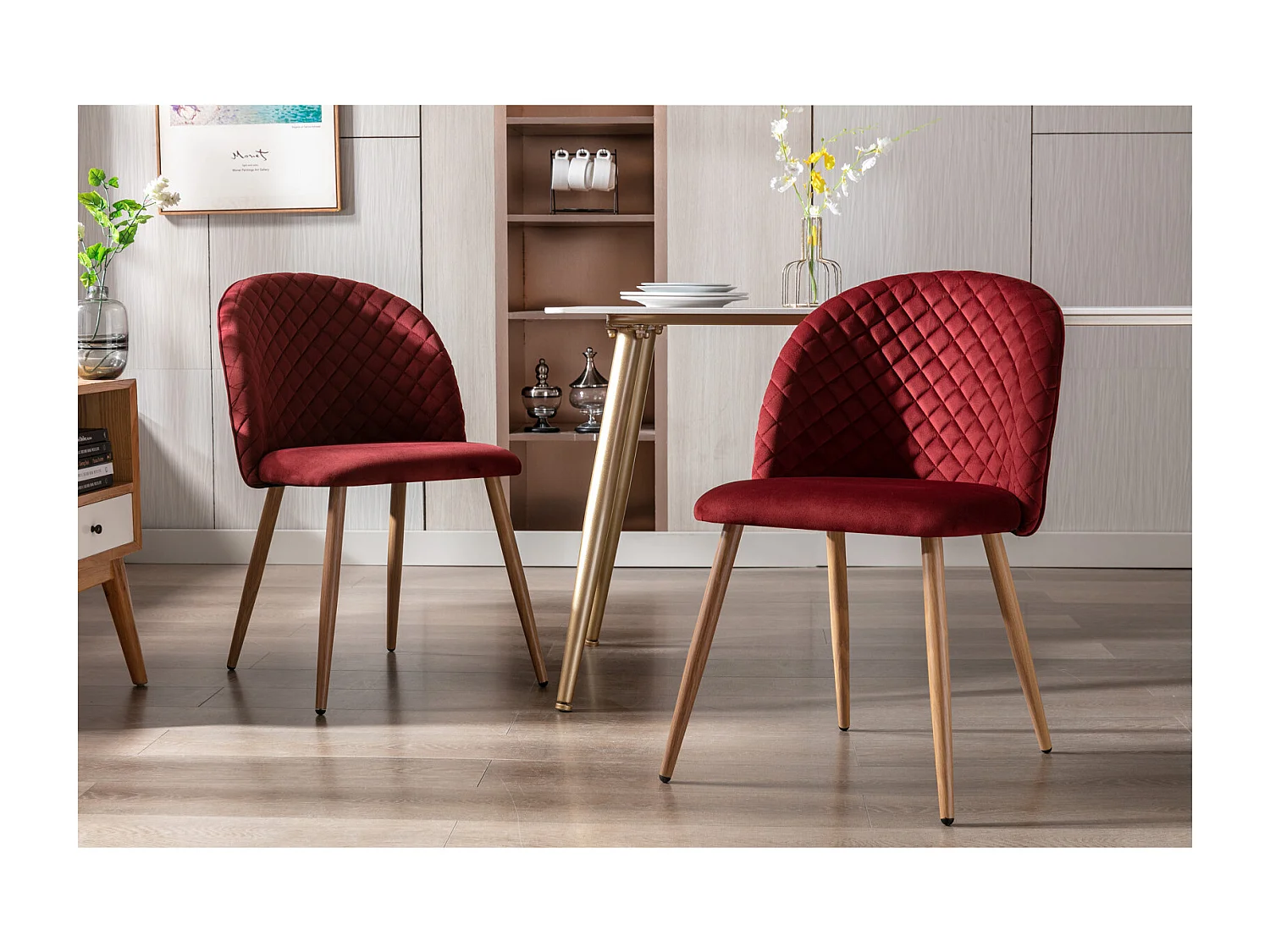 LOLA-Silla de terciopelo color vino con patas de metal efecto madera (x2)