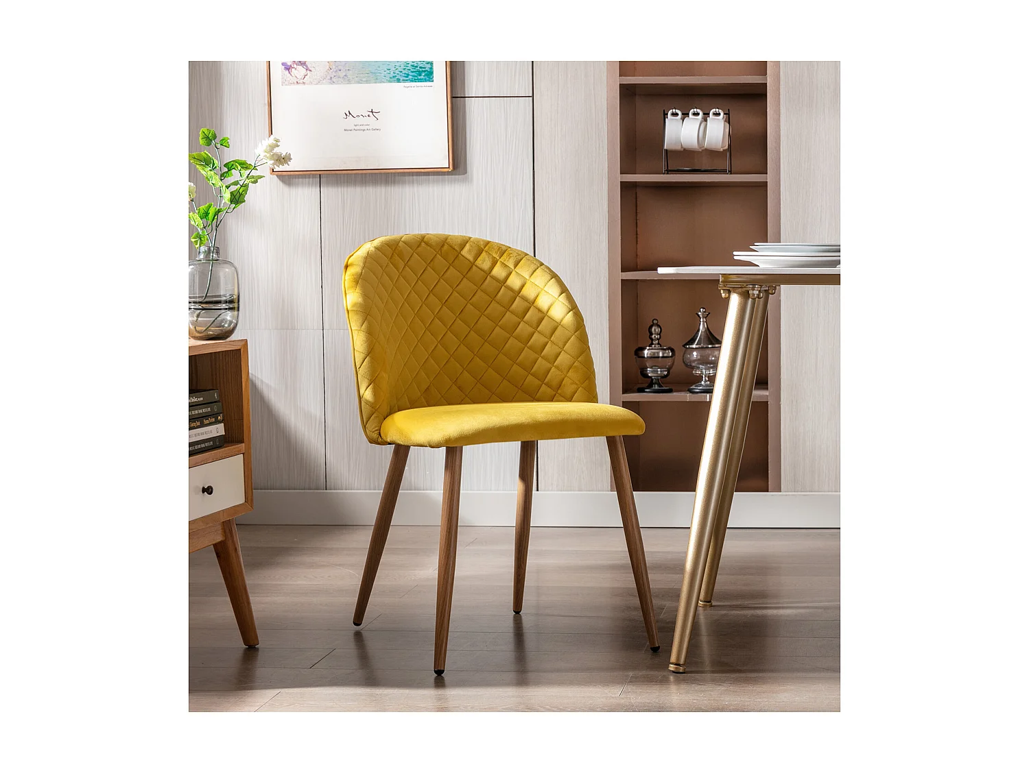 LOLA-Sedia vintage velluto curry gambe metallo effetto legno (x4)