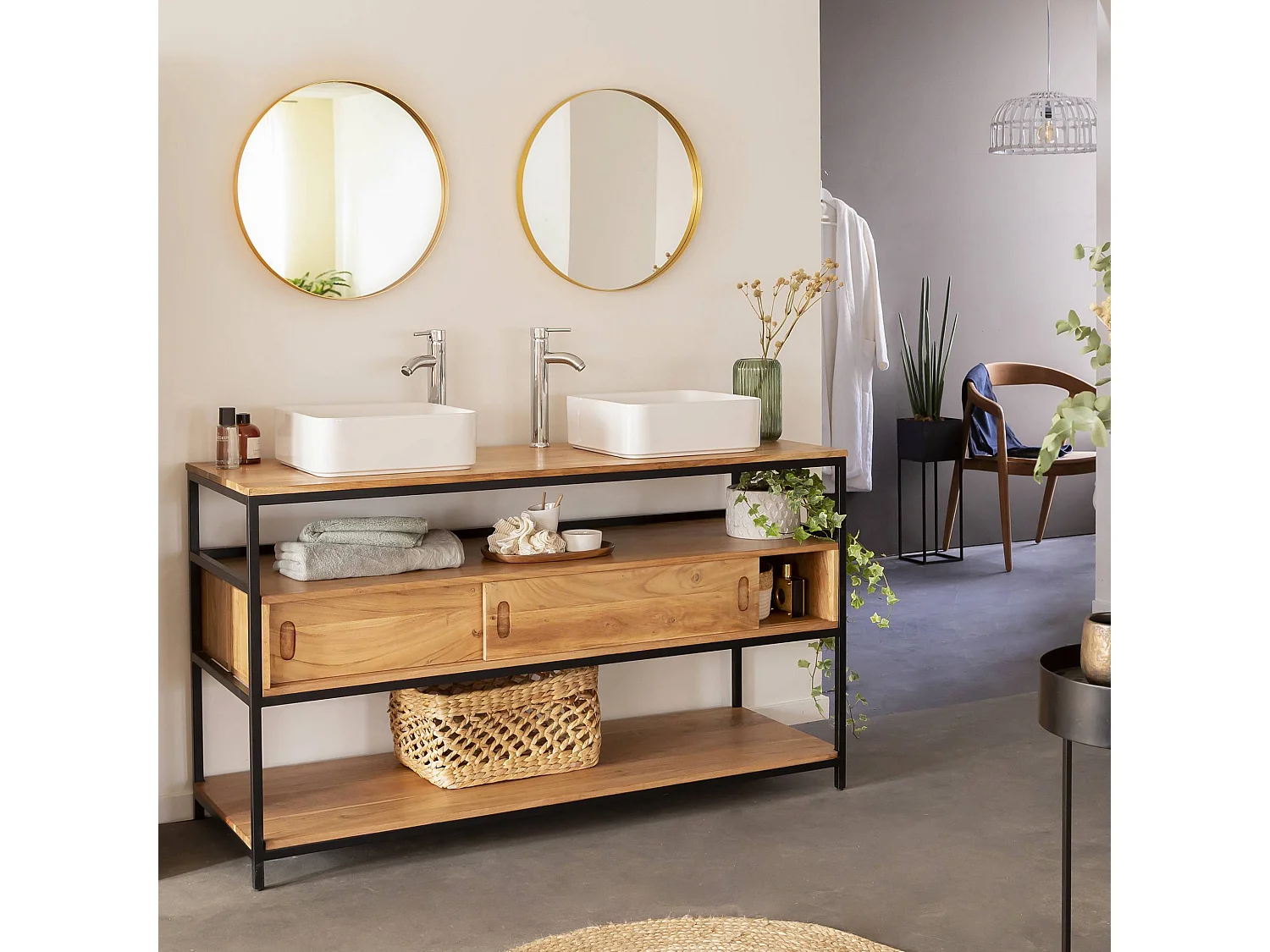 Meuble sous vasque en bois d'acacia et métal Montréal