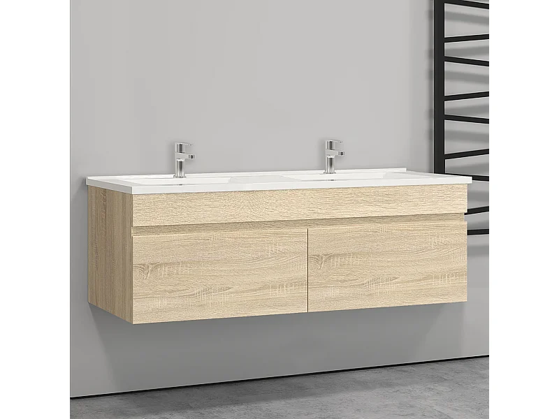 Meuble salle de bain natural avec 2 portes à une fermeture amortie avec 2 vasques à suspendre 120x45x40(L*W*H)cm
