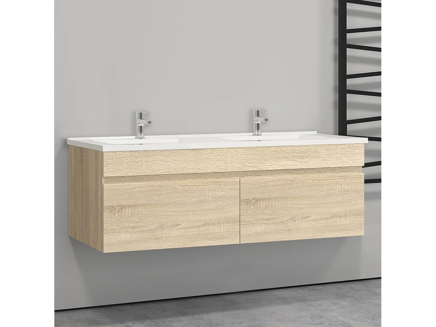Meuble salle de bain natural avec 2 portes à une fermeture amortie avec 2 vasques à suspendre 120x45x40(L*W*H)cm