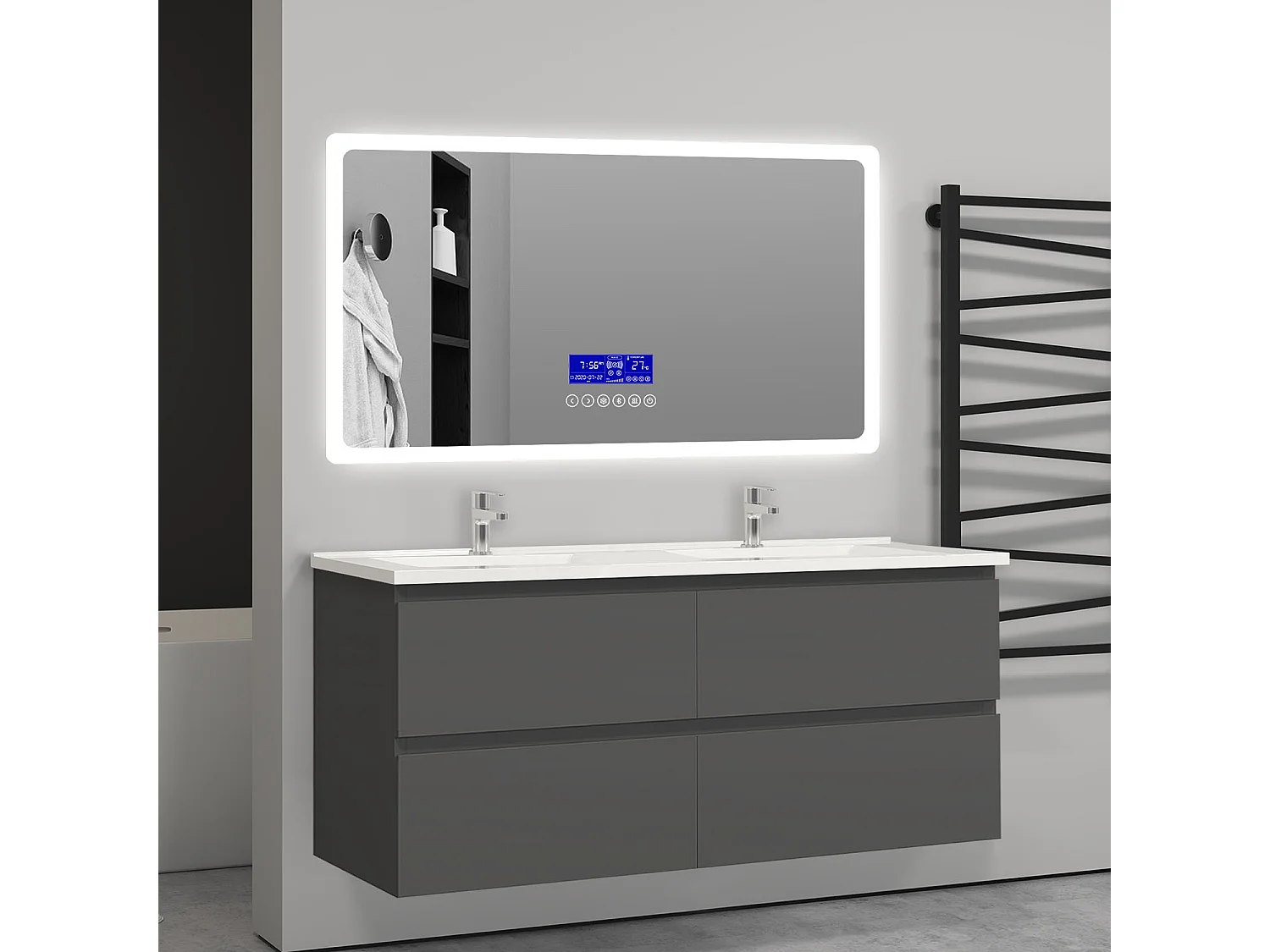 Meuble salle de bain anthracite avec 4 tiroirs à une fermeture amortie avec deux vasques à suspendre 120x46x52(L*W*H)cm