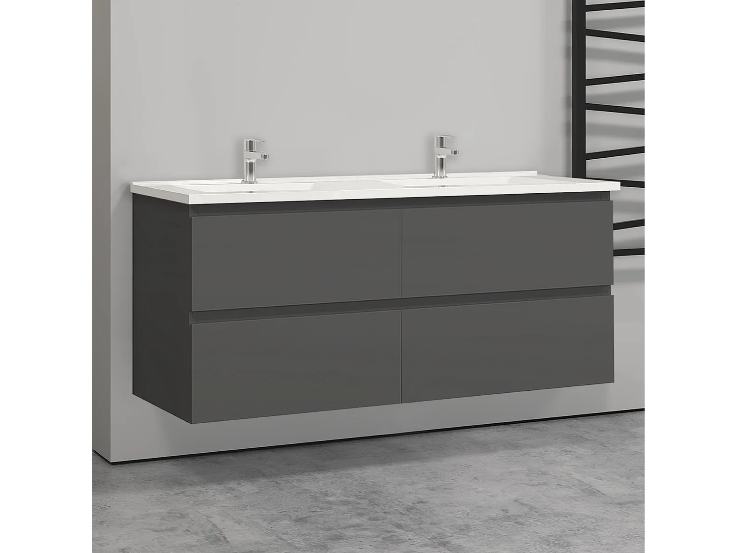 Meuble salle de bain anthracite avec 4 tiroirs à une fermeture amortie avec deux vasques à suspendre 120x46x52(L*W*H)cm
