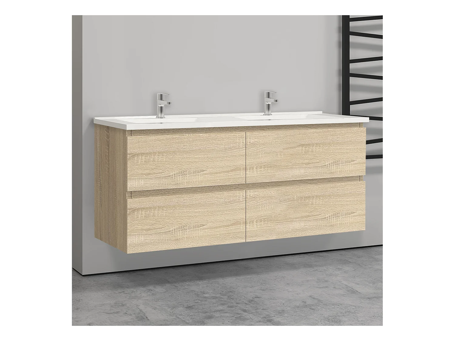 Meuble salle de bain naturel avec 4 tiroirs à une fermeture amortie avec deux vasques à suspendre 120x46x52(L*W*H)cm