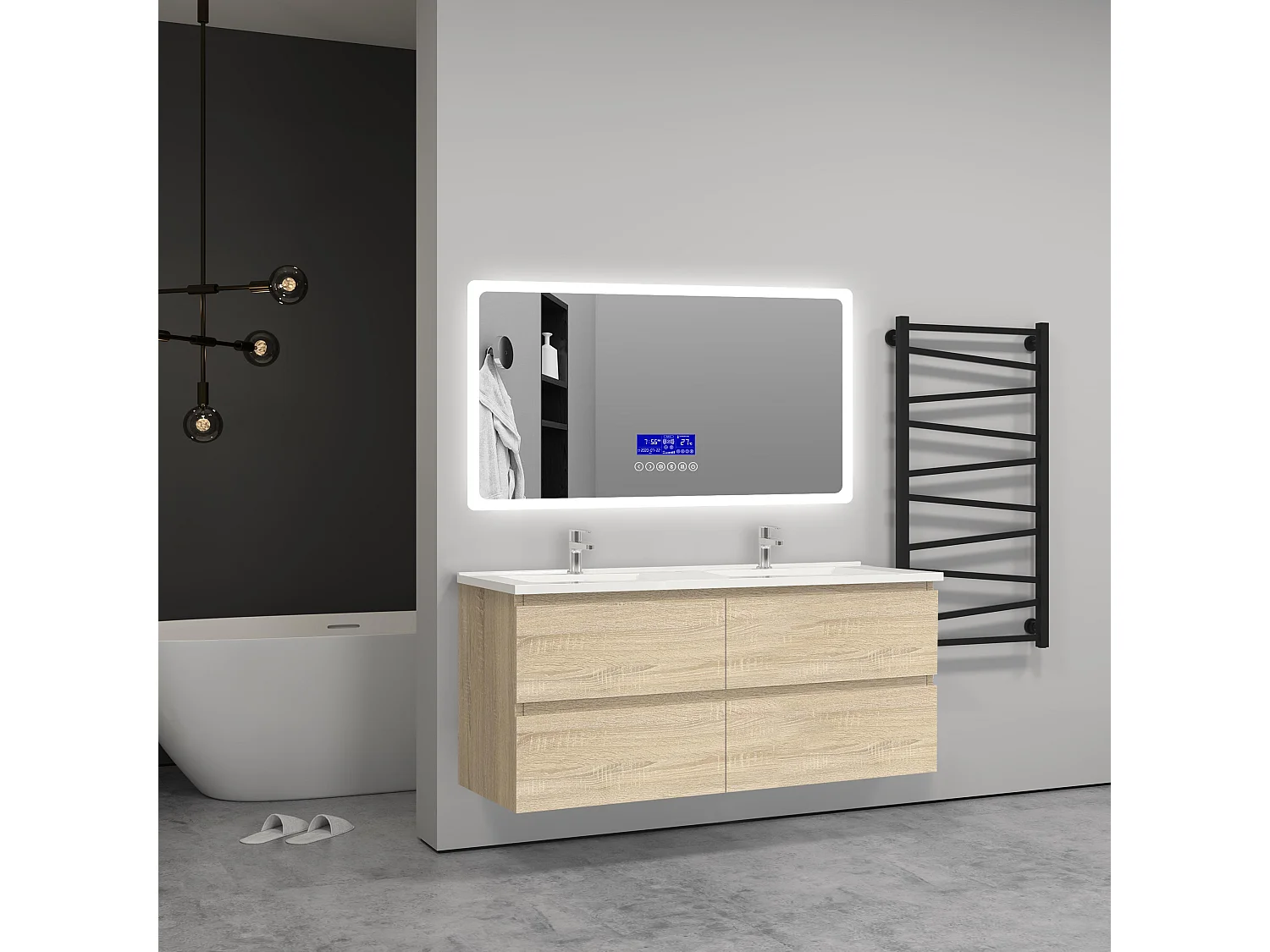 Meuble salle de bain naturel avec 4 tiroirs à une fermeture amortie avec deux vasques à suspendre 120x46x52(L*W*H)cm