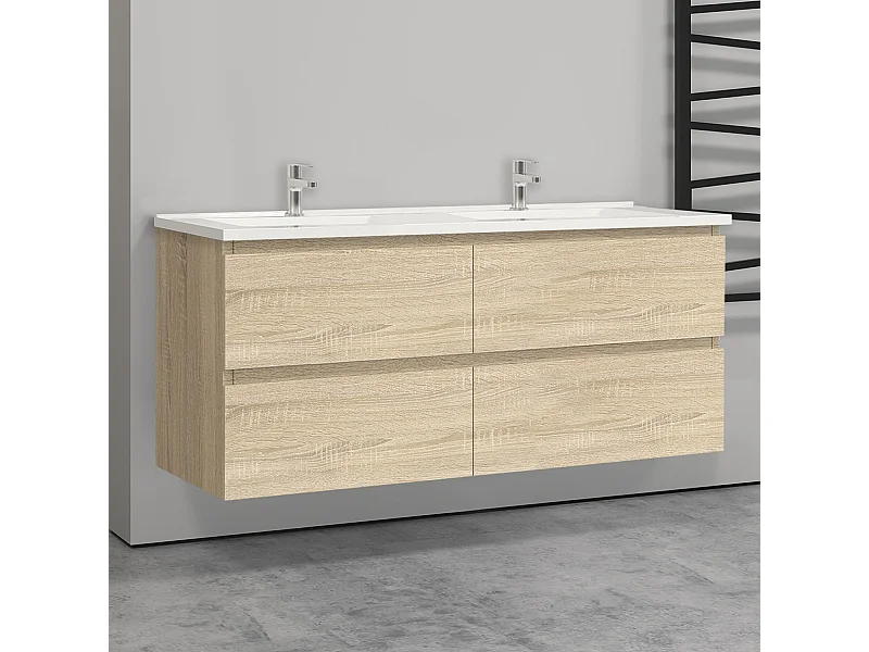Meuble salle de bain naturel avec 4 tiroirs à une fermeture amortie avec deux vasques à suspendre 120x46x52(L*W*H)cm