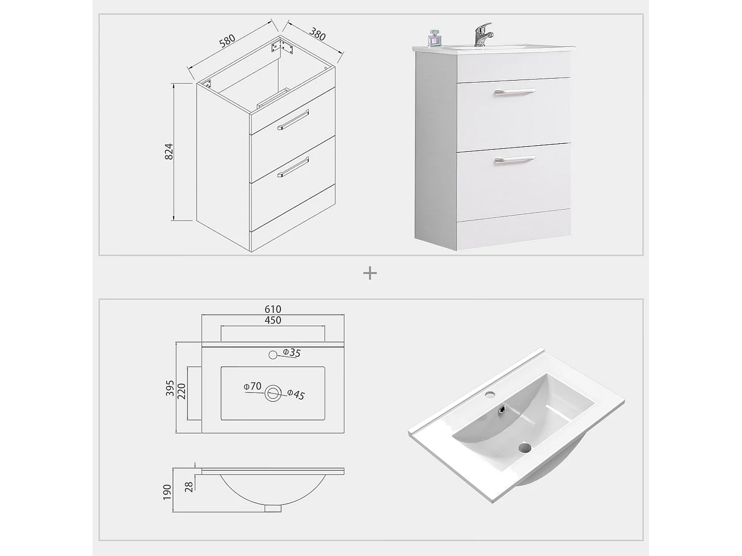 Meuble lave-mains simple vasque avec 2 tiroirs Blanc 60cm Aica