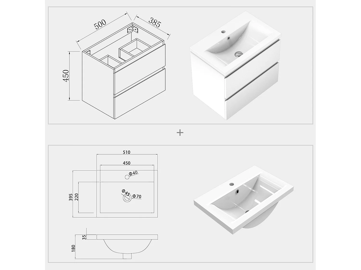 Meuble de salle de bain avec vasque intégrée poignées incorporées Blanc 50cm Aica