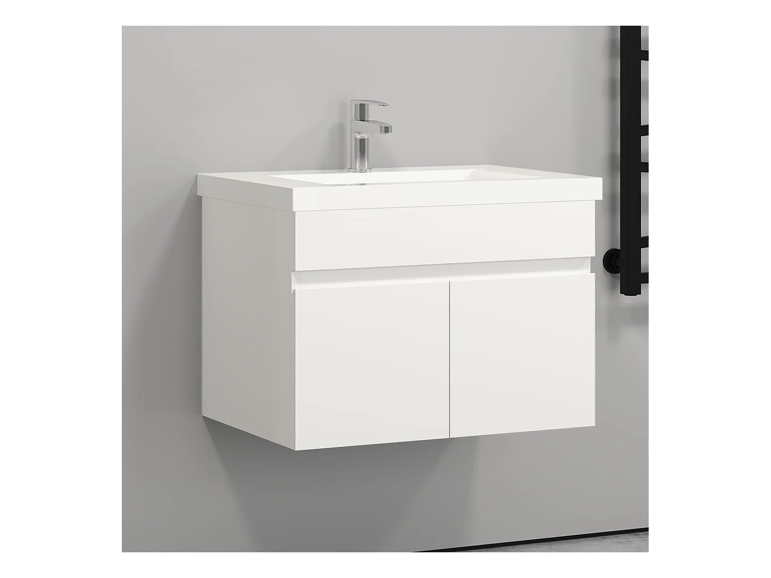 60cm Meuble salle de bain blanc 2 portes avec une vasque à suspendre Aica