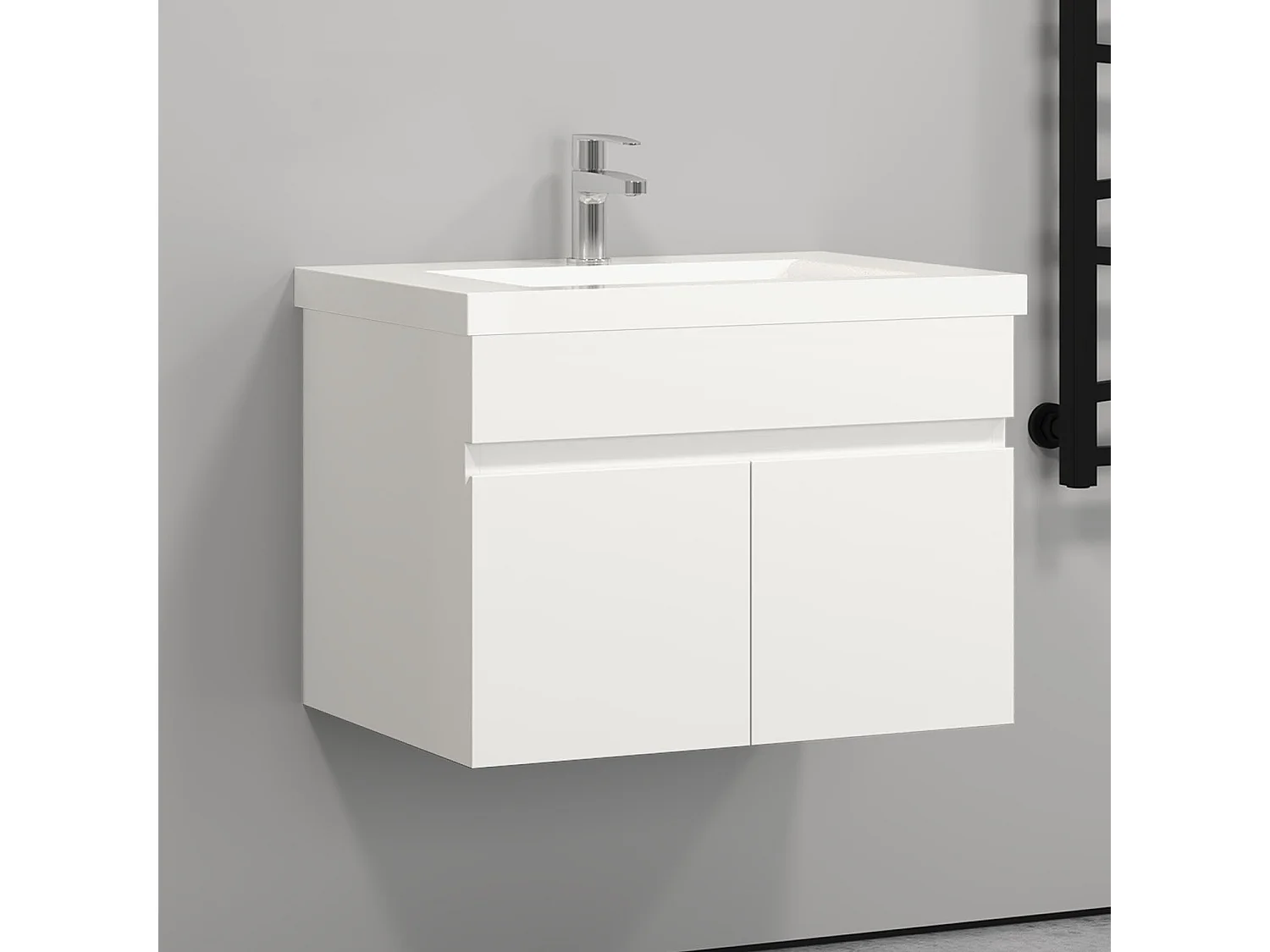 60cm Meuble salle de bain blanc 2 portes avec une vasque à suspendre Aica