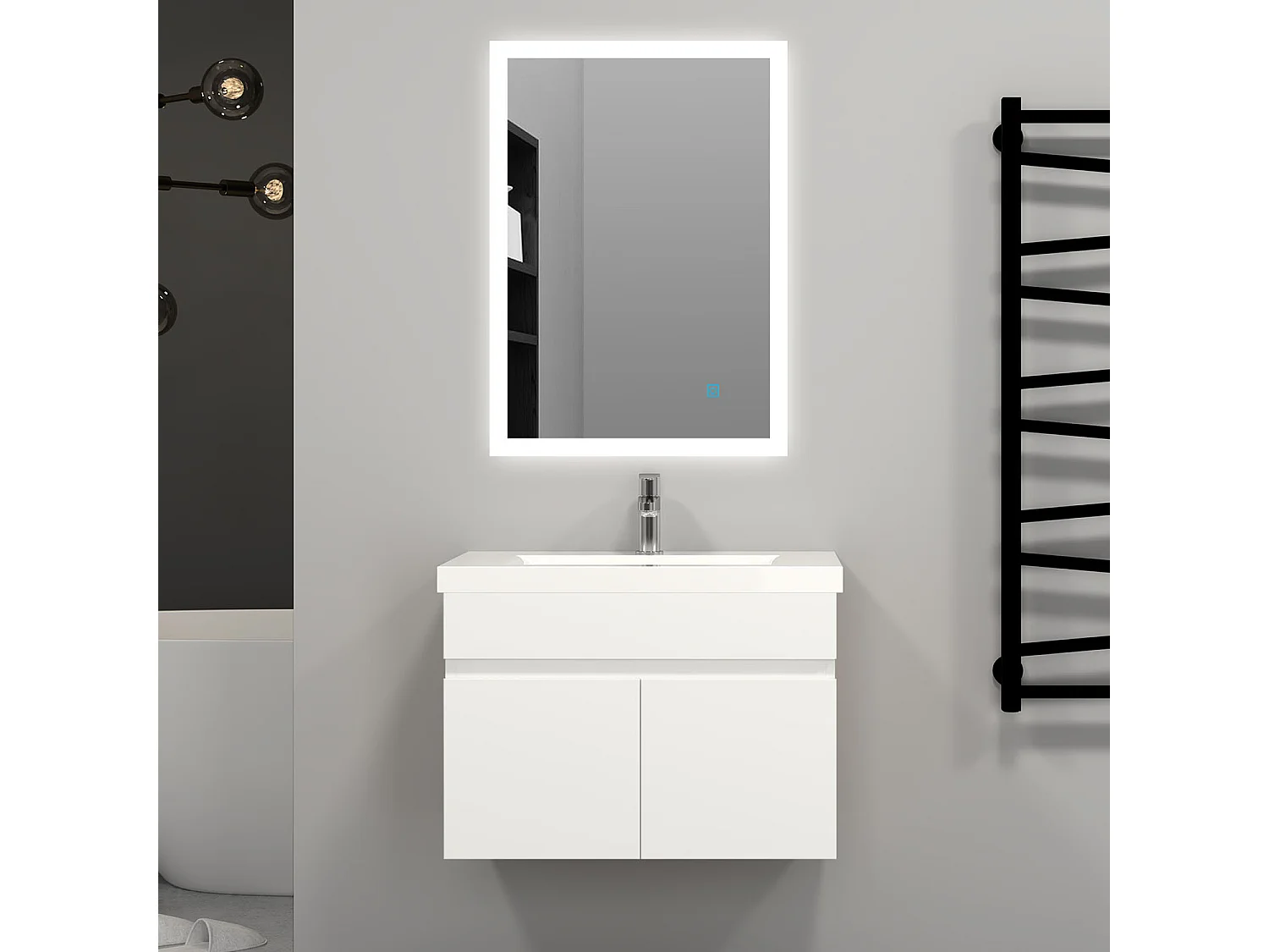 60cm Meuble salle de bain blanc 2 portes avec une vasque à suspendre Aica