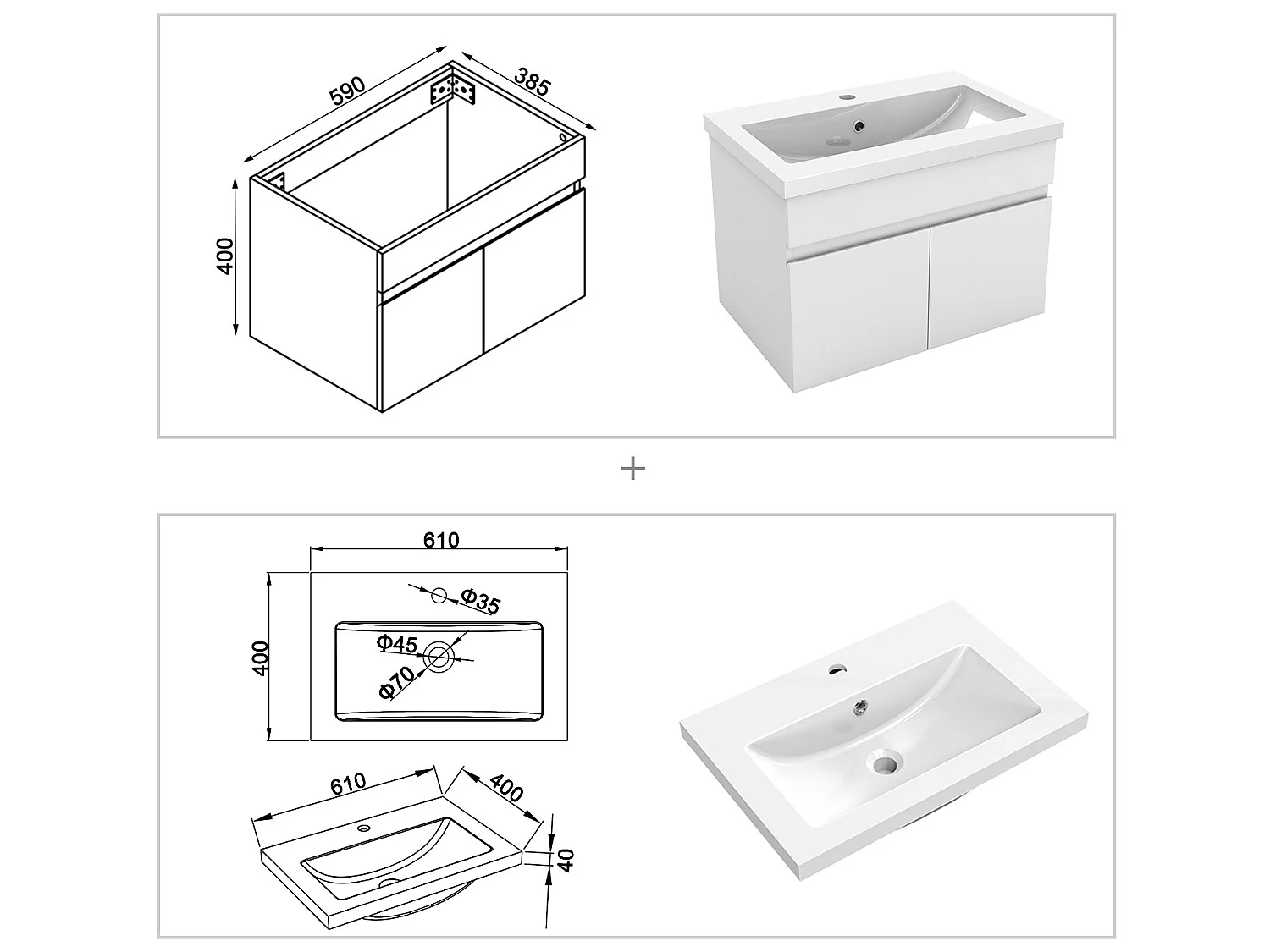 60cm Meuble salle de bain blanc 2 portes avec une vasque à suspendre Aica