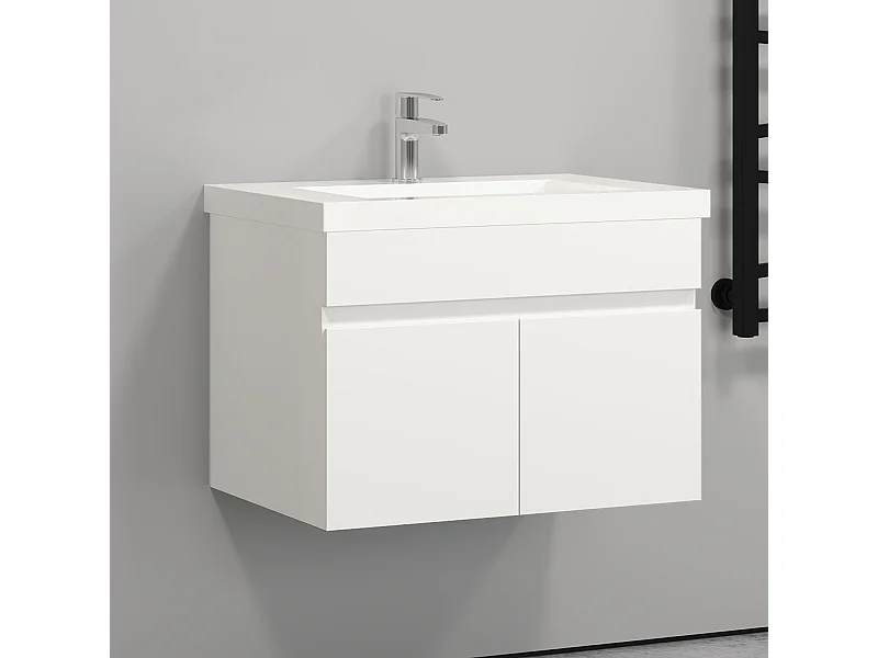 60cm Meuble salle de bain blanc 2 portes avec une vasque à suspendre Aica