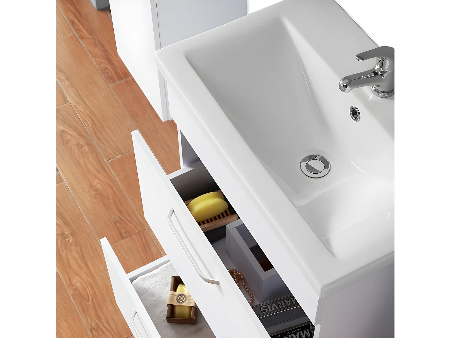 Meuble salle de bain 58x38x82.4cm 2 tiroirs Meuble vasque posé au sol couleur blanc Aica