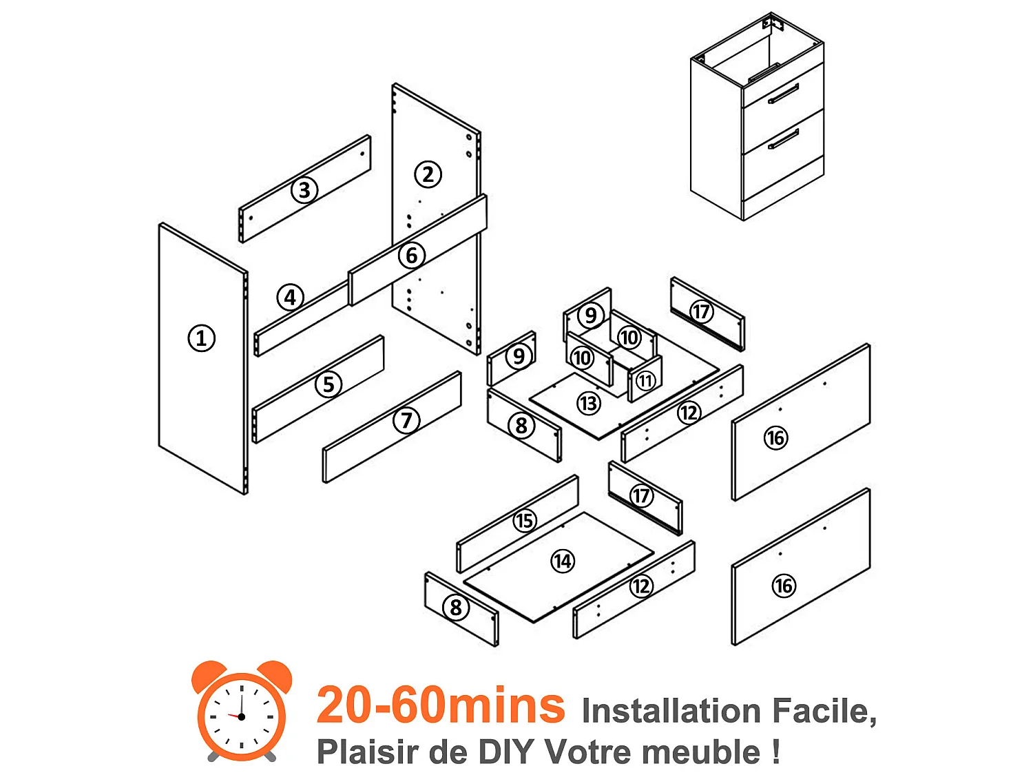 Meuble salle de bain 58x38x82.4cm 2 tiroirs Meuble vasque posé au sol couleur blanc Aica