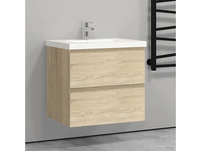 Meuble salle de bain naturel deux tiroirs avec une vasque à suspendre 60x38.5x52cm Aica