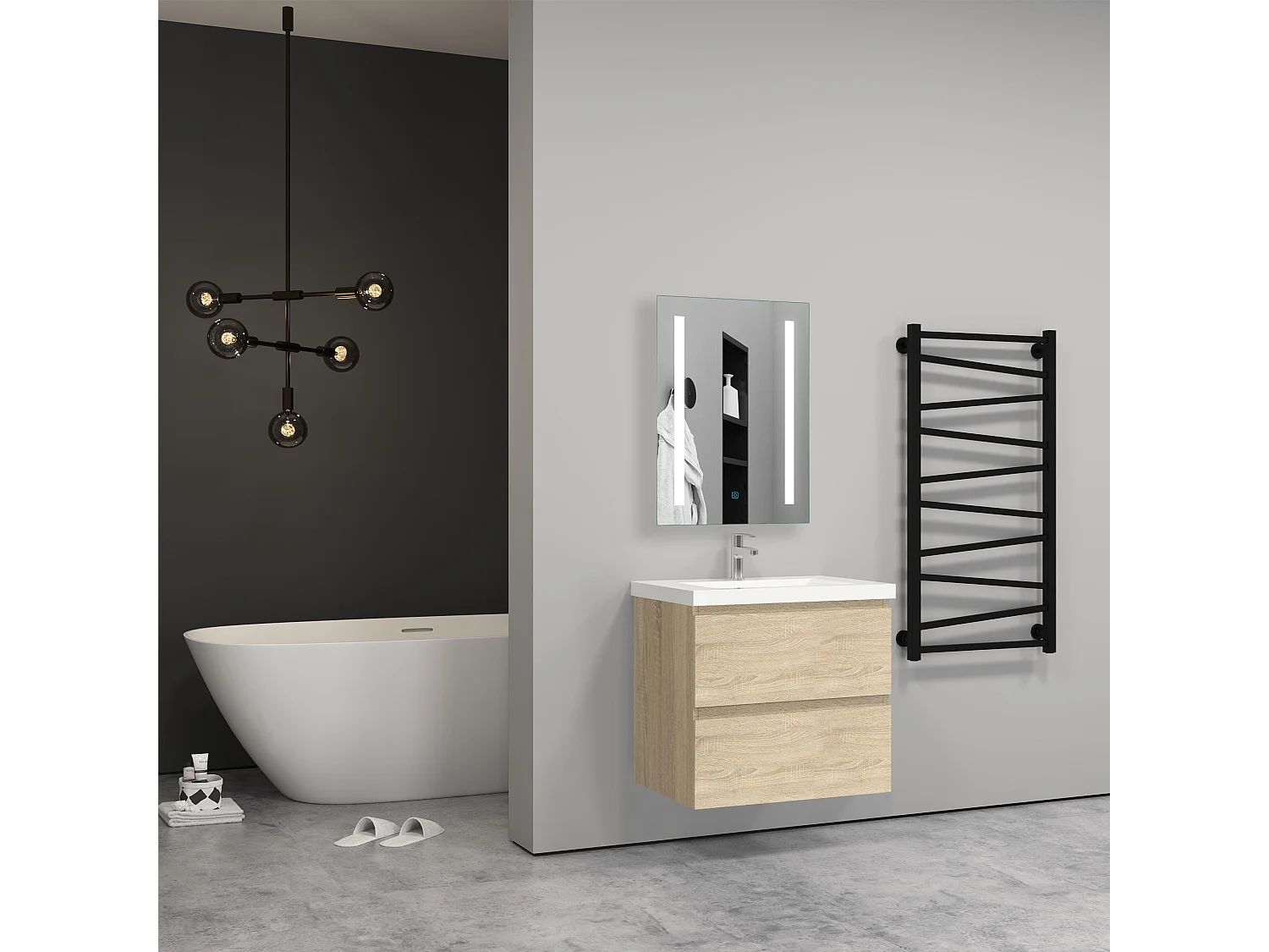 Meuble salle de bain naturel deux tiroirs avec une vasque à suspendre 60x38.5x52cm Aica