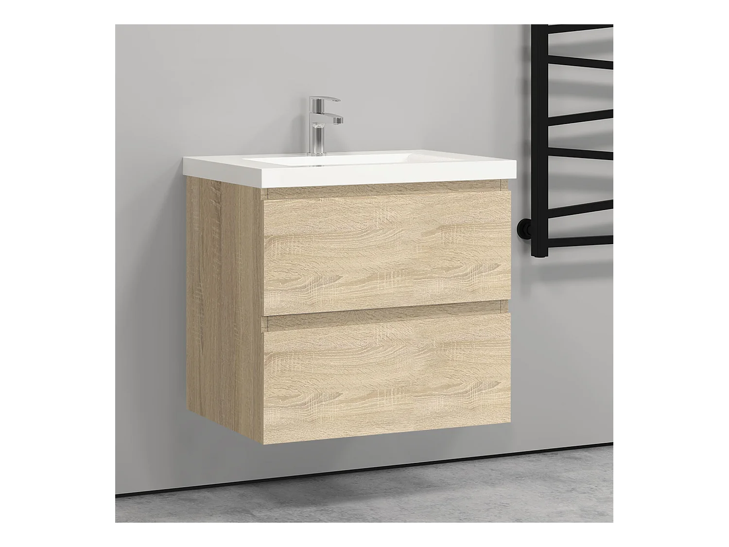 Meuble salle de bain naturel deux tiroirs avec une vasque à suspendre 60x38.5x52cm Aica