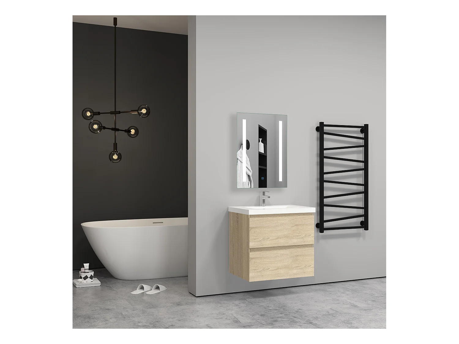 Meuble salle de bain naturel deux tiroirs avec une vasque à suspendre 60x38.5x52cm Aica