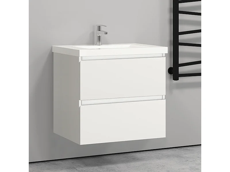Meuble salle de bain blanc deux tiroirs avec une vasque à suspendre 60x38.5x52cm Aica