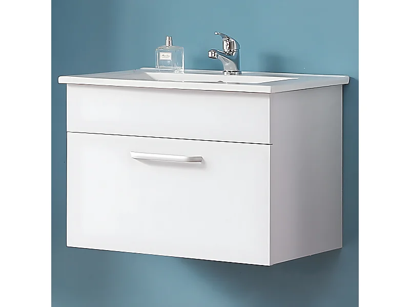 Meuble sous vasque meuble lave-mains à suspendre avec lavabo en céramique, meuble de rangement blanc avec 1 tiroir 60 cm