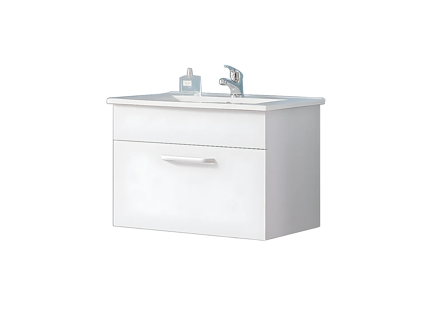 Meuble sous vasque meuble lave-mains à suspendre avec lavabo en céramique, meuble de rangement blanc avec 1 tiroir 60 cm
