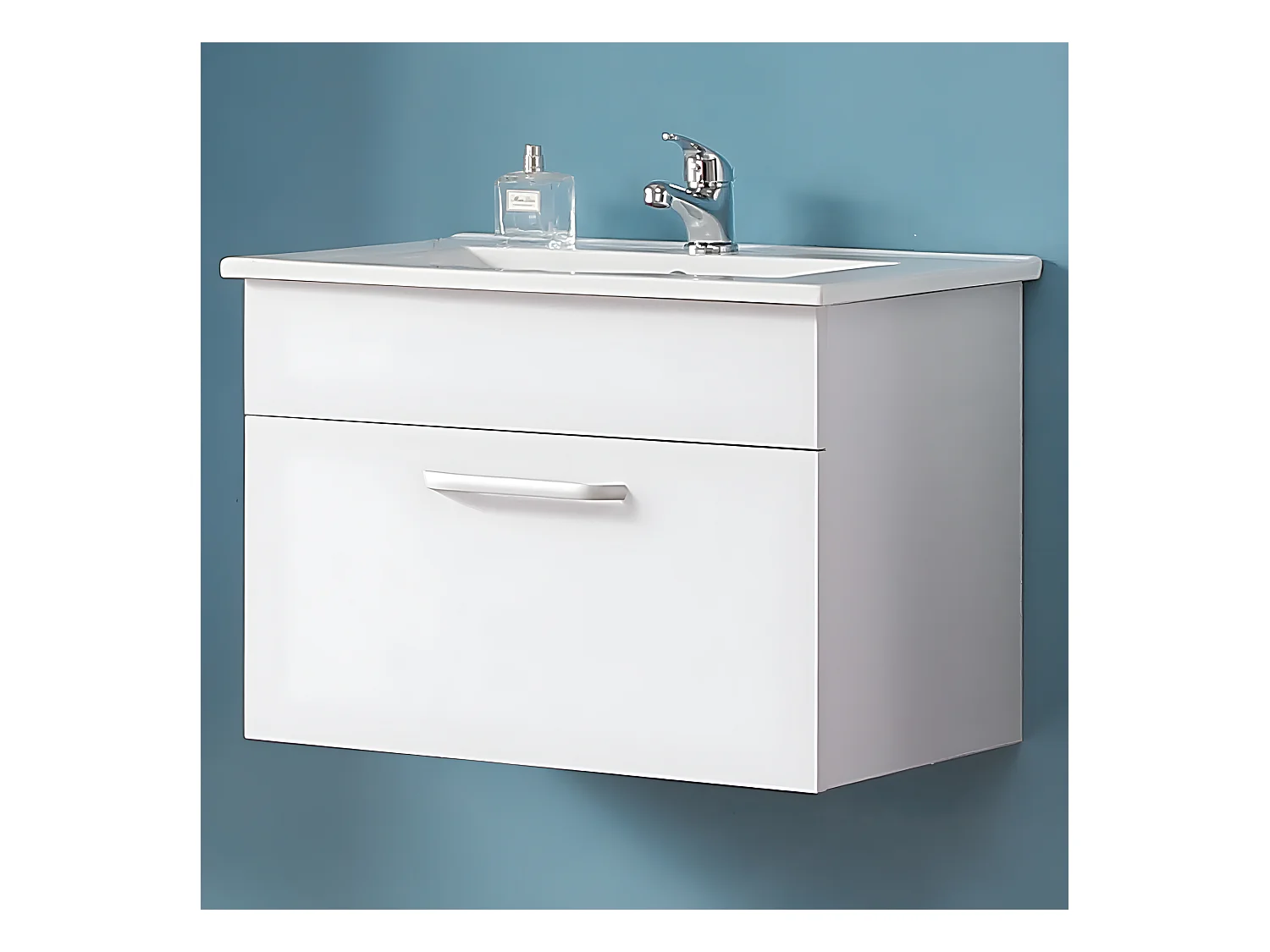 Meuble sous vasque meuble lave-mains à suspendre avec lavabo en céramique, meuble de rangement blanc avec 1 tiroir 60 cm