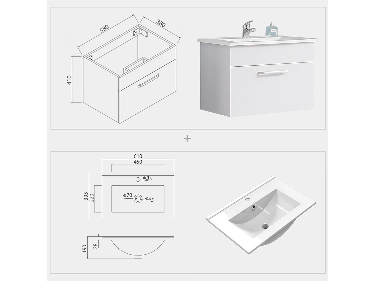 Meuble sous vasque meuble lave-mains à suspendre avec lavabo en céramique, meuble de rangement blanc avec 1 tiroir 60 cm