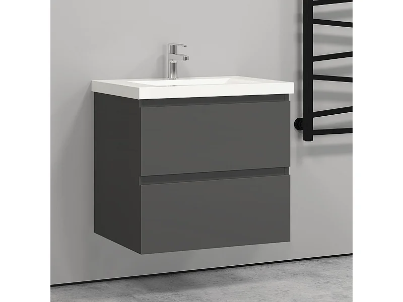 Meuble salle de bain anthracite deux tiroirs avec une vasque à suspendre 60x38.5x52cm Aica