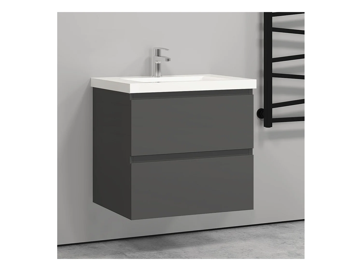 Meuble salle de bain anthracite deux tiroirs avec une vasque à suspendre 60x38.5x52cm Aica