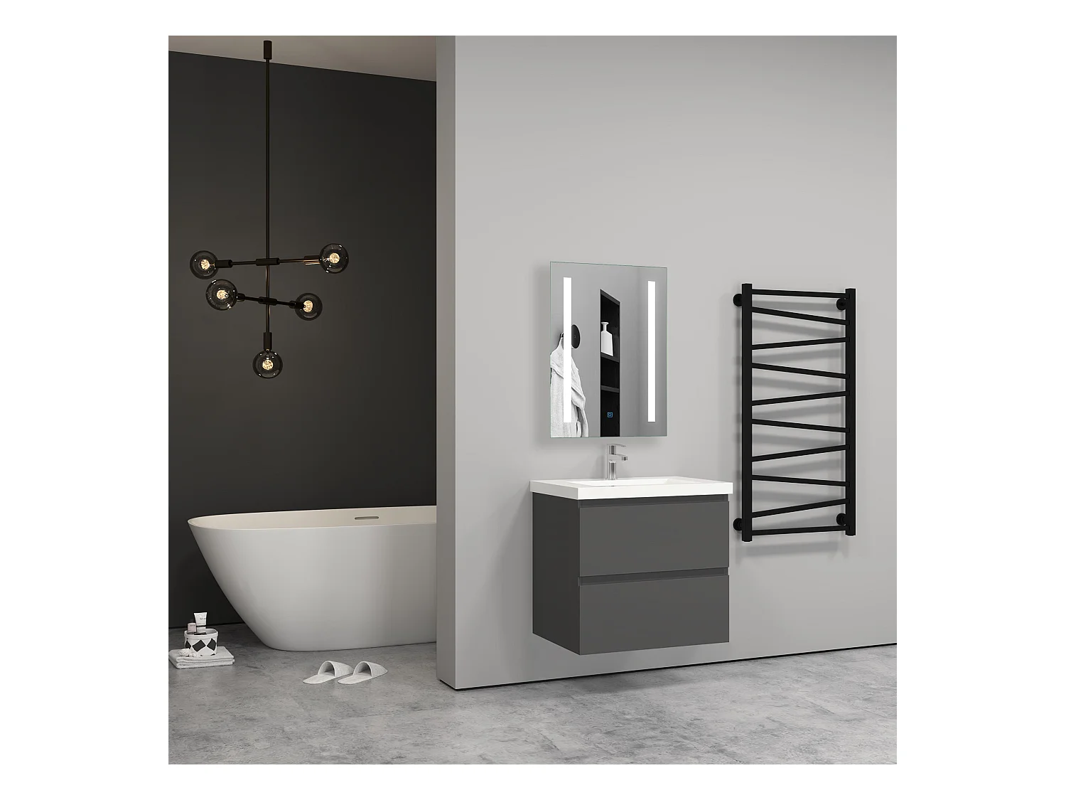 Meuble salle de bain anthracite deux tiroirs avec une vasque à suspendre 60x38.5x52cm Aica