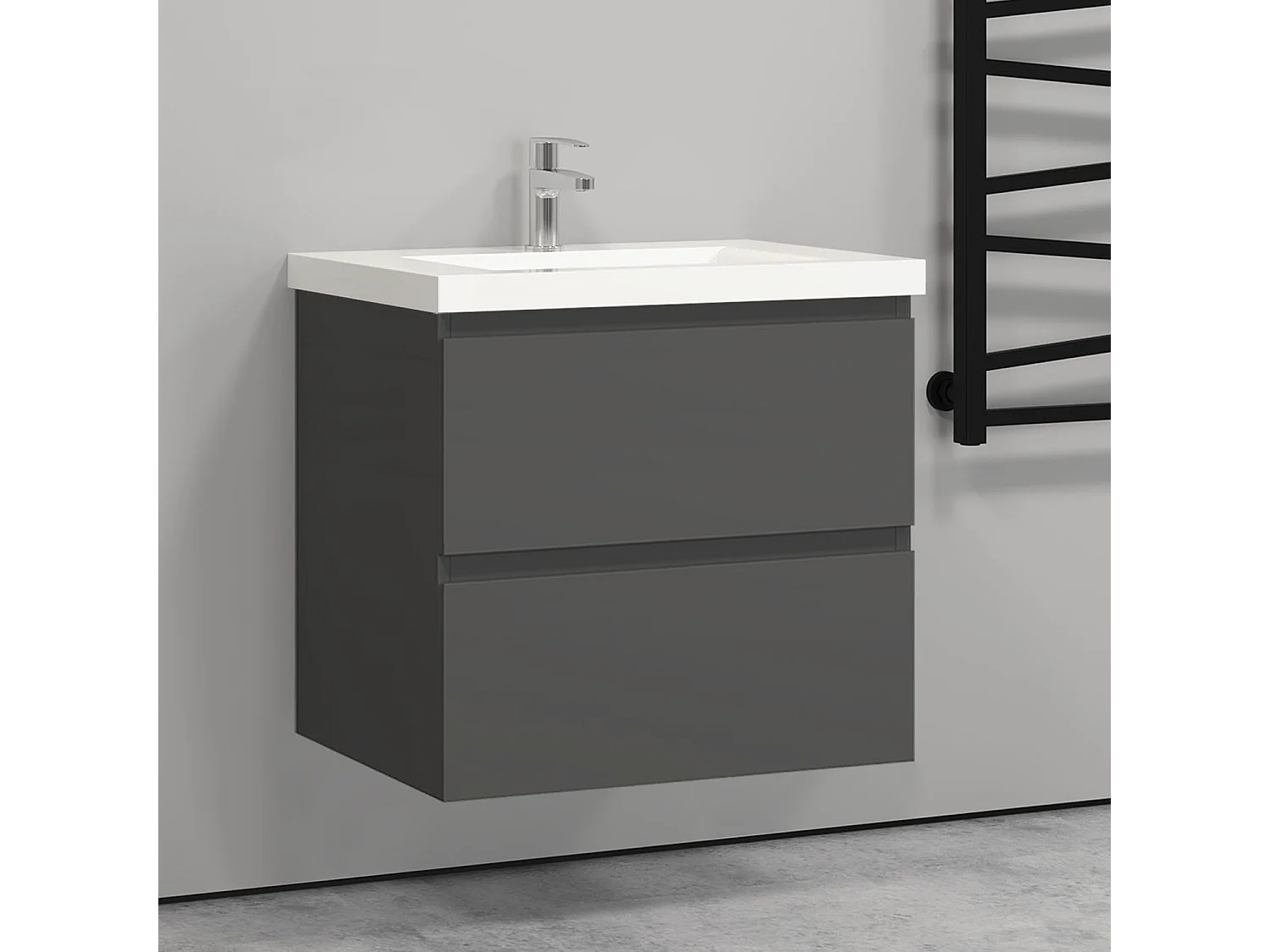 Meuble salle de bain anthracite deux tiroirs avec une vasque à suspendre 60x38.5x52cm Aica