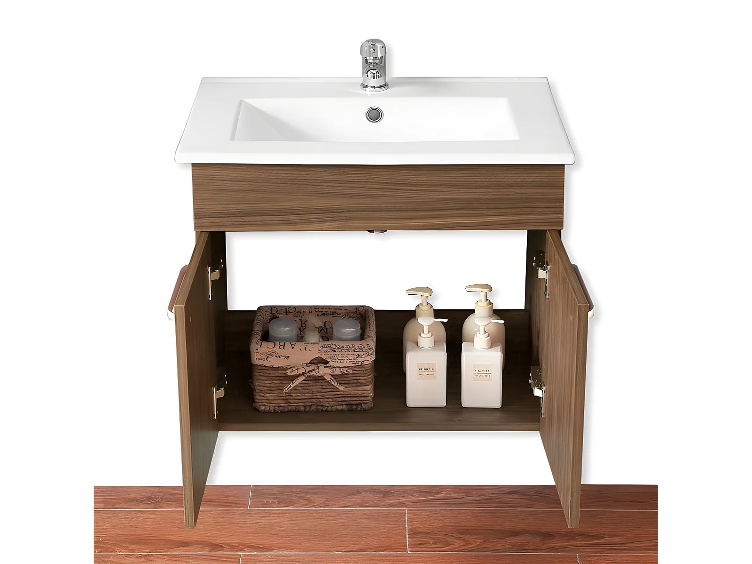 Meuble sous vasque à suspendre avec lavabo intégré 2 portes battantes Chêne L.58xP.38xH.50cm