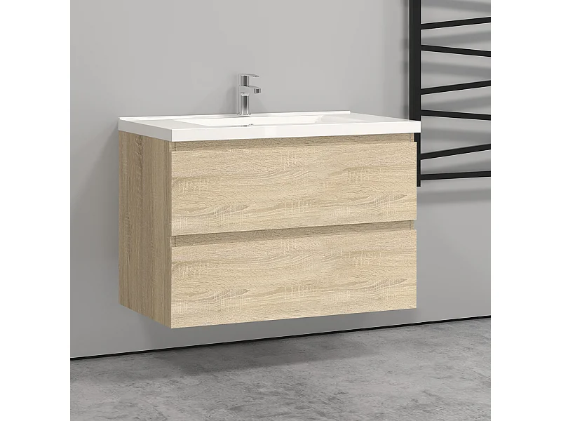Meuble salle de bain naturel avec 2 tiroirs à une fermeture amortie avec une vasque à suspendre 79x44.5x52(L*W*H)cm
